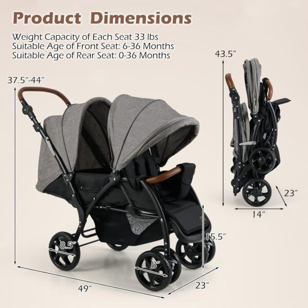 INFANS Double Stroller, Foldable Baby Tandem Stroller with Djustable Backrest Canopy Footrest, 5-Point Harness, Storage Basket, Convertible Compact Twin Stroller for Infants and Toddlers (Light Grey)