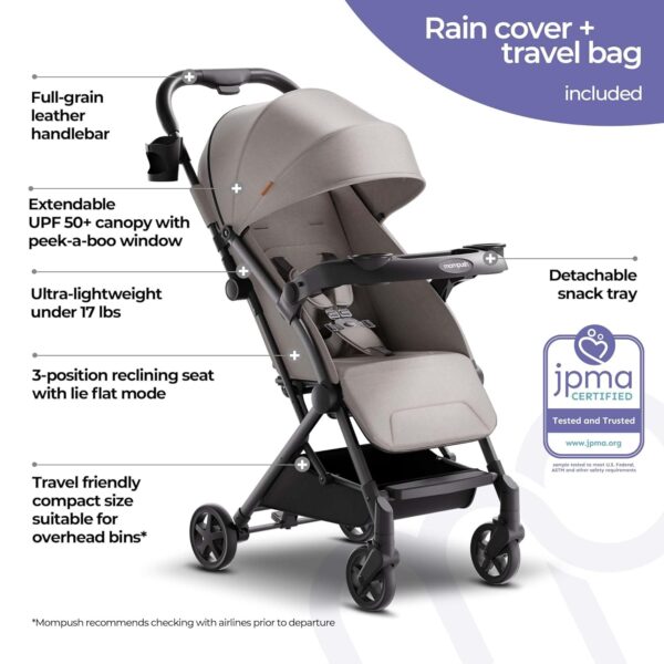 Mompush Lithe V2 Lightweight Stroller with Snack Tray, Ultra-Compact Fold & Airplane Ready Travel Stroller, Near Flat Recline Seat, Cup Holder, Raincover & Travelbag Included
