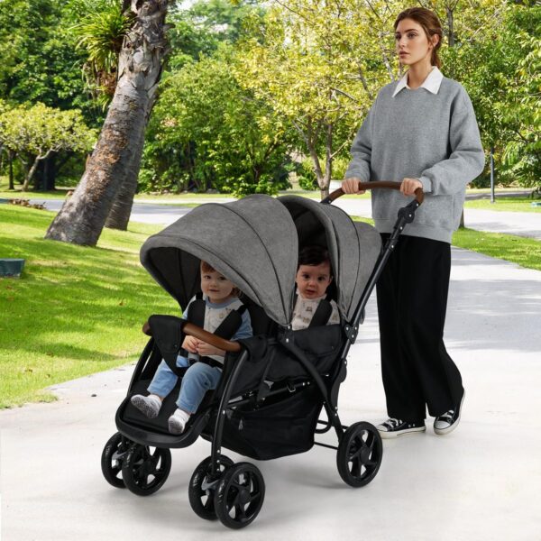 INFANS Double Stroller, Foldable Baby Tandem Stroller with Djustable Backrest Canopy Footrest, 5-Point Harness, Storage Basket, Convertible Compact Twin Stroller for Infants and Toddlers (Light Grey)